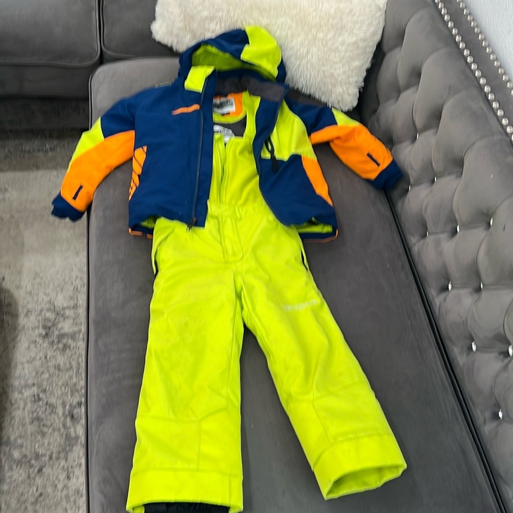 Kids neon ski snow pants and matching ski jacket in size 5.